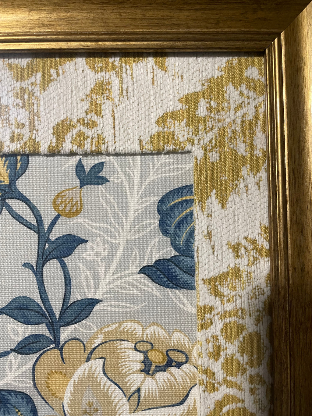 Jacobean Peony & Foliage — Welling Blue Fabric Framed Wall Art, 13x16 Gold Frame