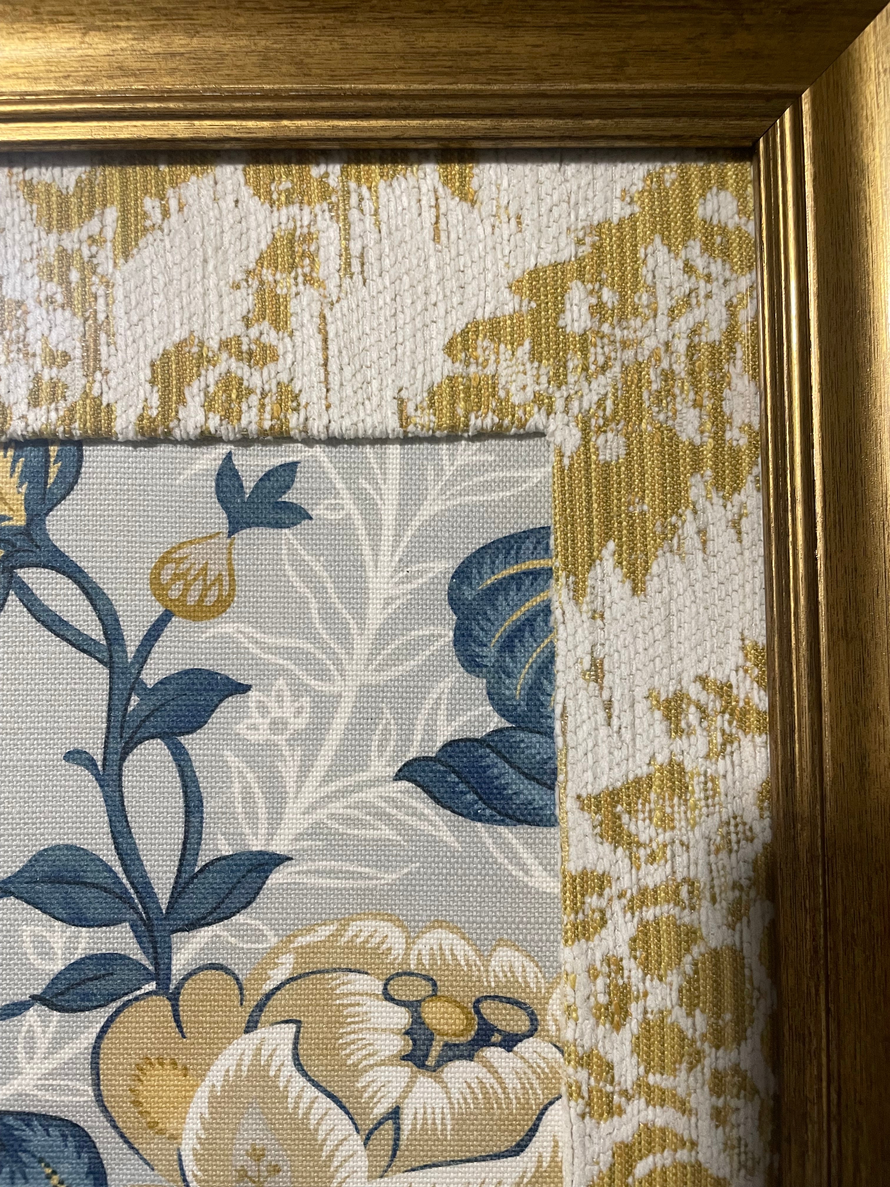 Jacobean Peony & Foliage — Welling Blue Fabric Framed Wall Art, 13x16 Gold Frame