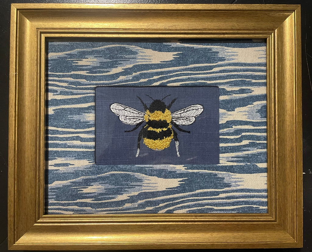 Bumblebee on Navy — Embroidered Wall Art, Gold Frame with Blue Ikat Fabric Mat