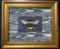 Bumblebee on Navy — Embroidered Wall Art, Gold Frame with Blue Ikat Fabric Mat