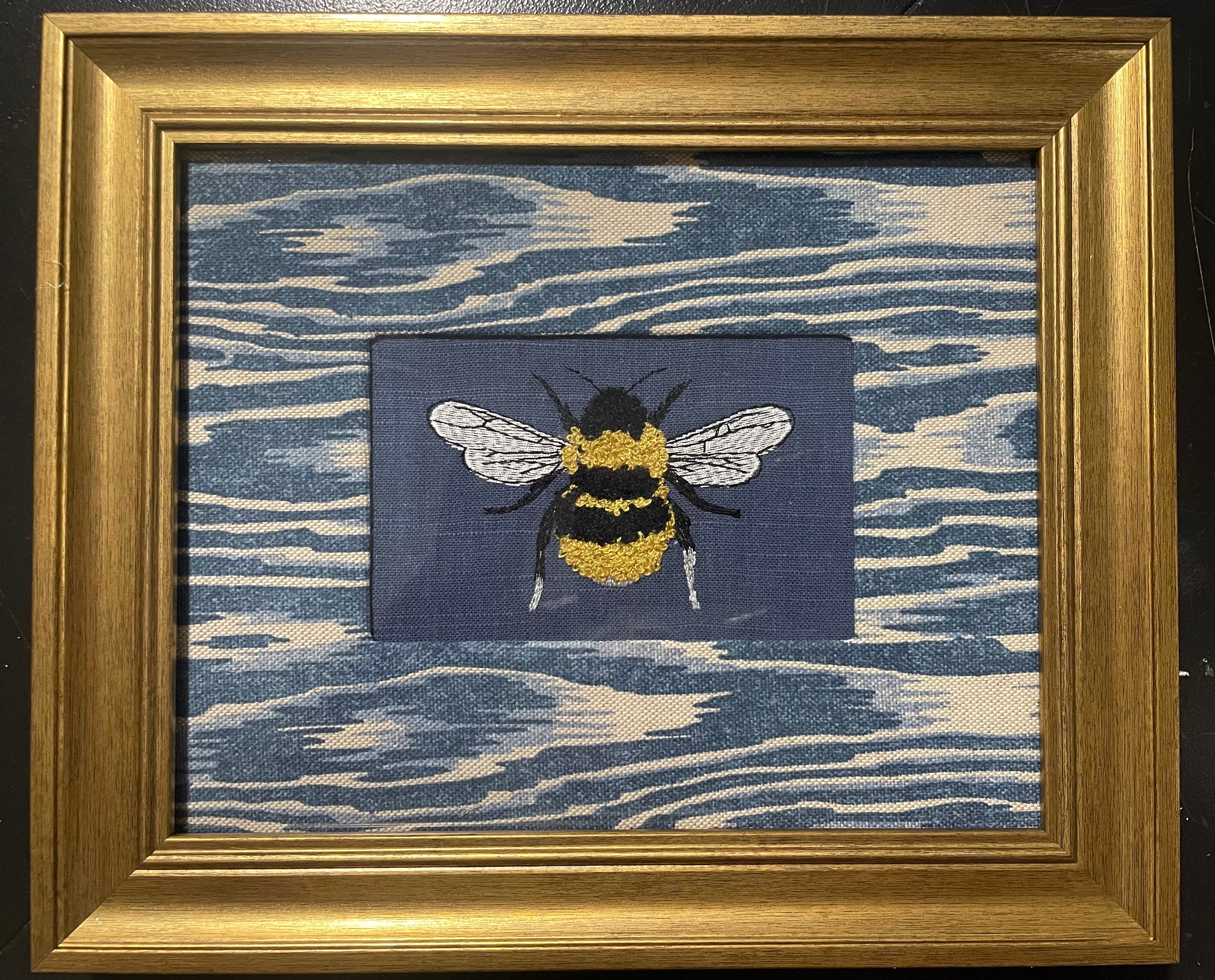 Bumblebee on Navy — Embroidered Wall Art, Gold Frame with Blue Ikat Fabric Mat