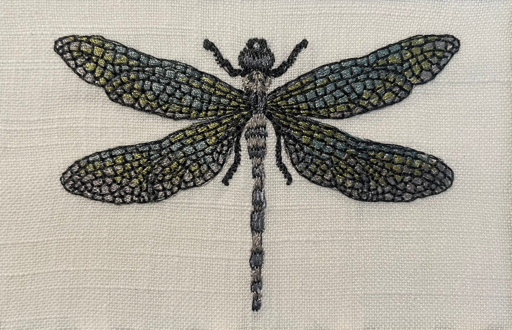 Embroidered Dragonfly surrounded by Schumacher Queen B Custom Fabric Mat