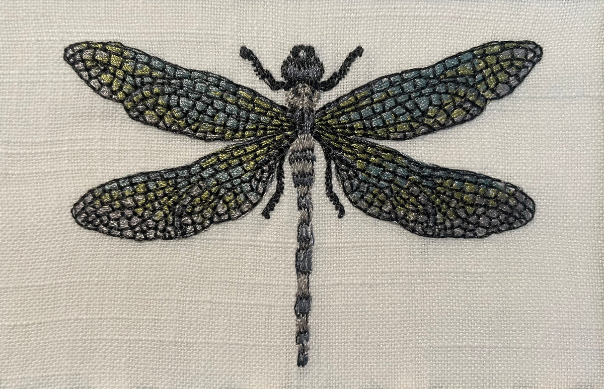 Embroidered Dragonfly surrounded by Schumacher Queen B Custom Fabric Mat