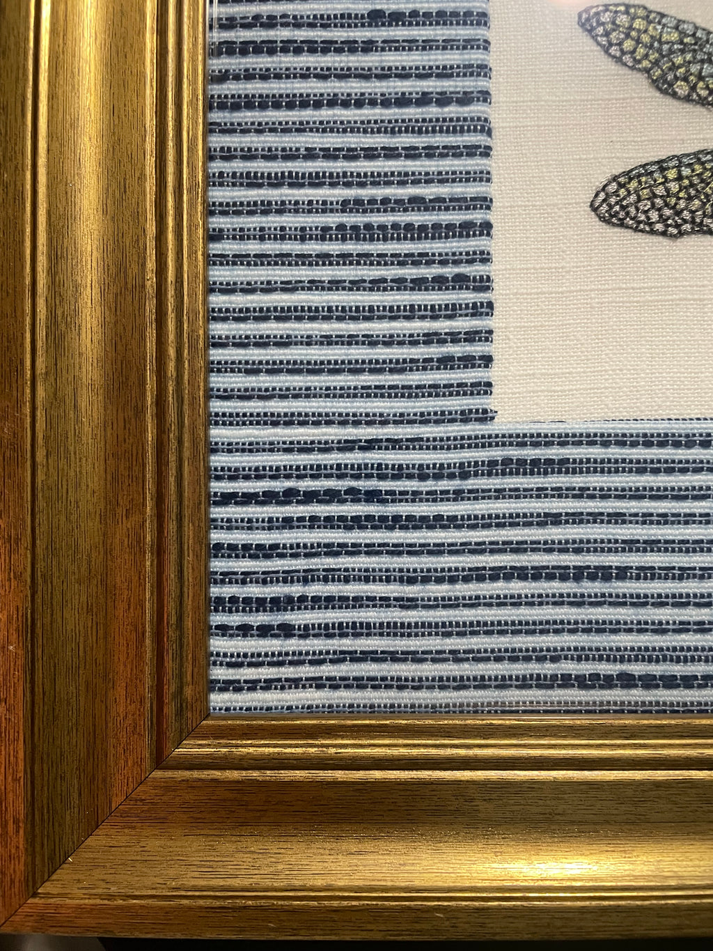 Embroidered Dragonfly Wall Art — Gold Frame with Ballard Designs Indigo Blue Biff Fabric Mat