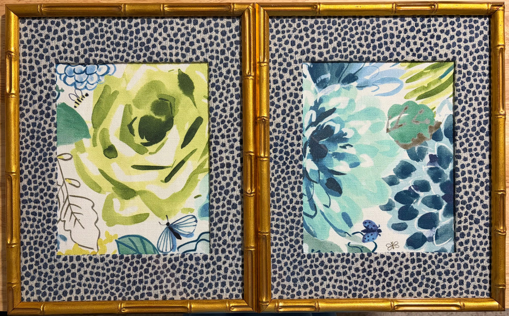 Pair Framed Bright Floral Fabric Wall Art: Gold Bamboo-Style Frames, Ballard Tully Blue Fabric Mats 12x15