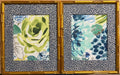 Pair Framed Bright Floral Fabric Wall Art: Gold Bamboo-Style Frames, Ballard Tully Blue Fabric Mats 12x15
