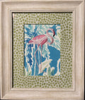 Framed Embroidered right facing flamingo with Custom Ballard Designs TULLY Pear Fabric Matting