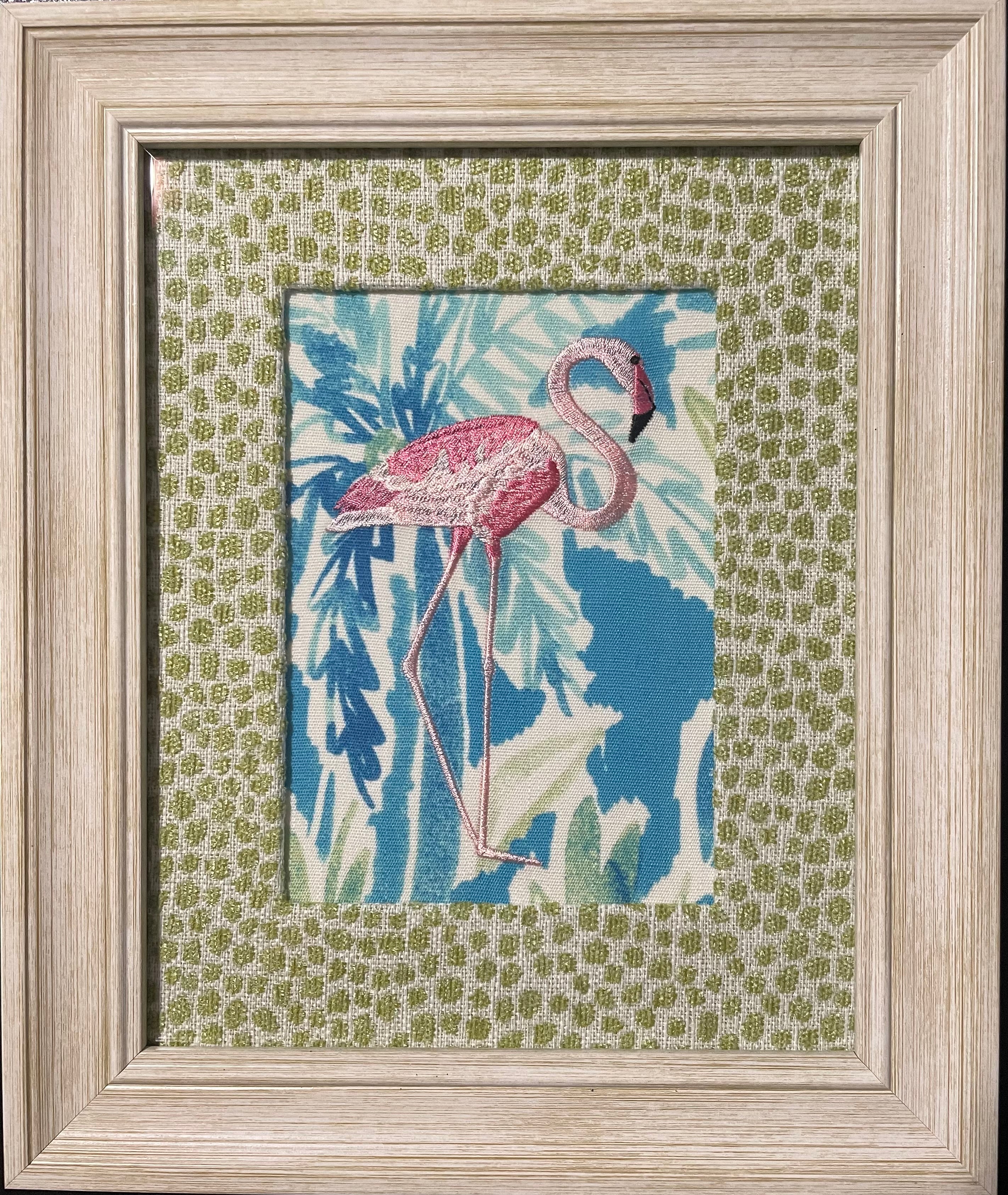 Framed Embroidered right facing flamingo with Custom Ballard Designs TULLY Pear Fabric Matting