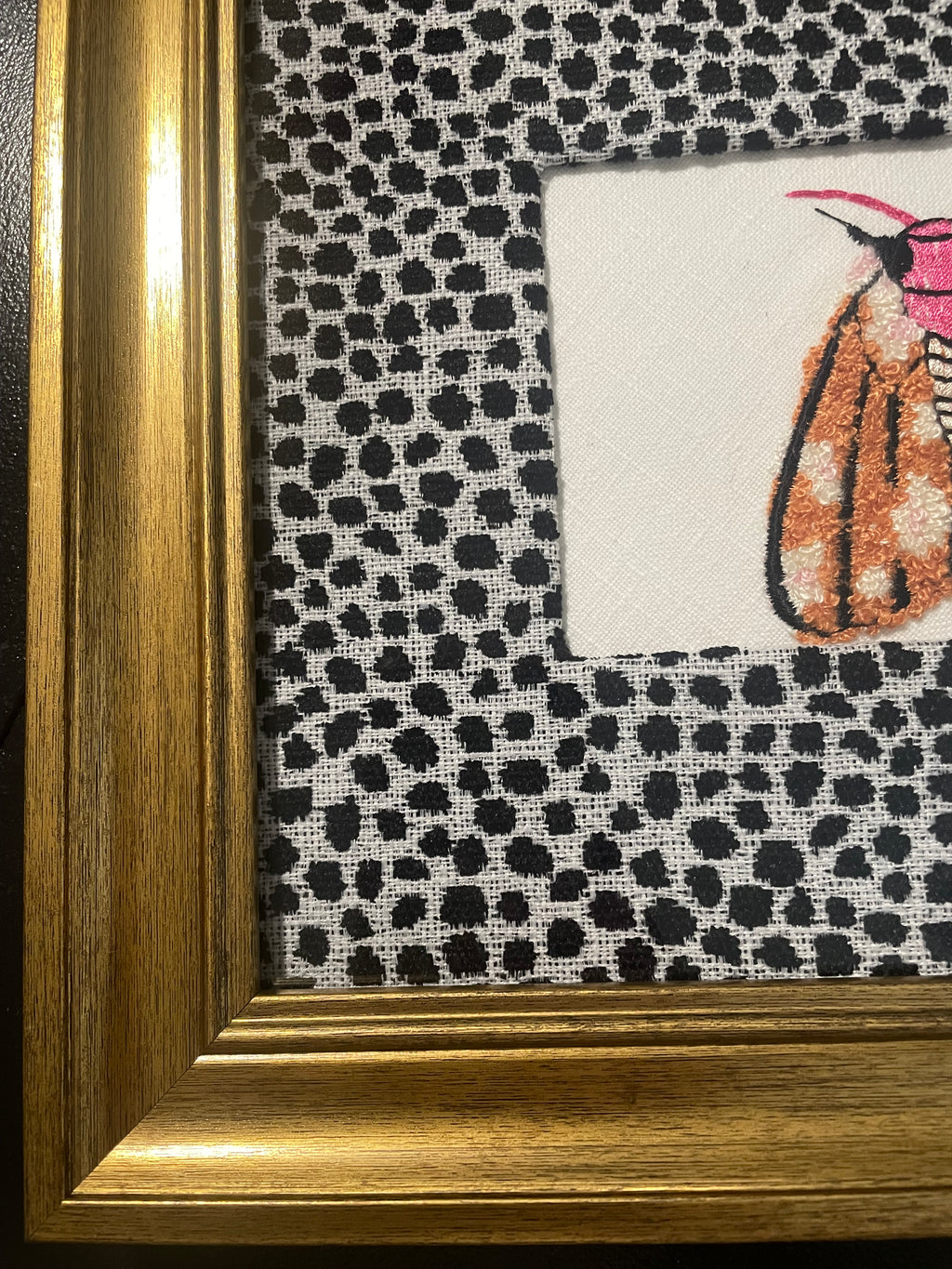 Embroidered Moth Wall Art — Gold Frame with Ballard Designs Ebony Tully Fabric Mat (No. 2)