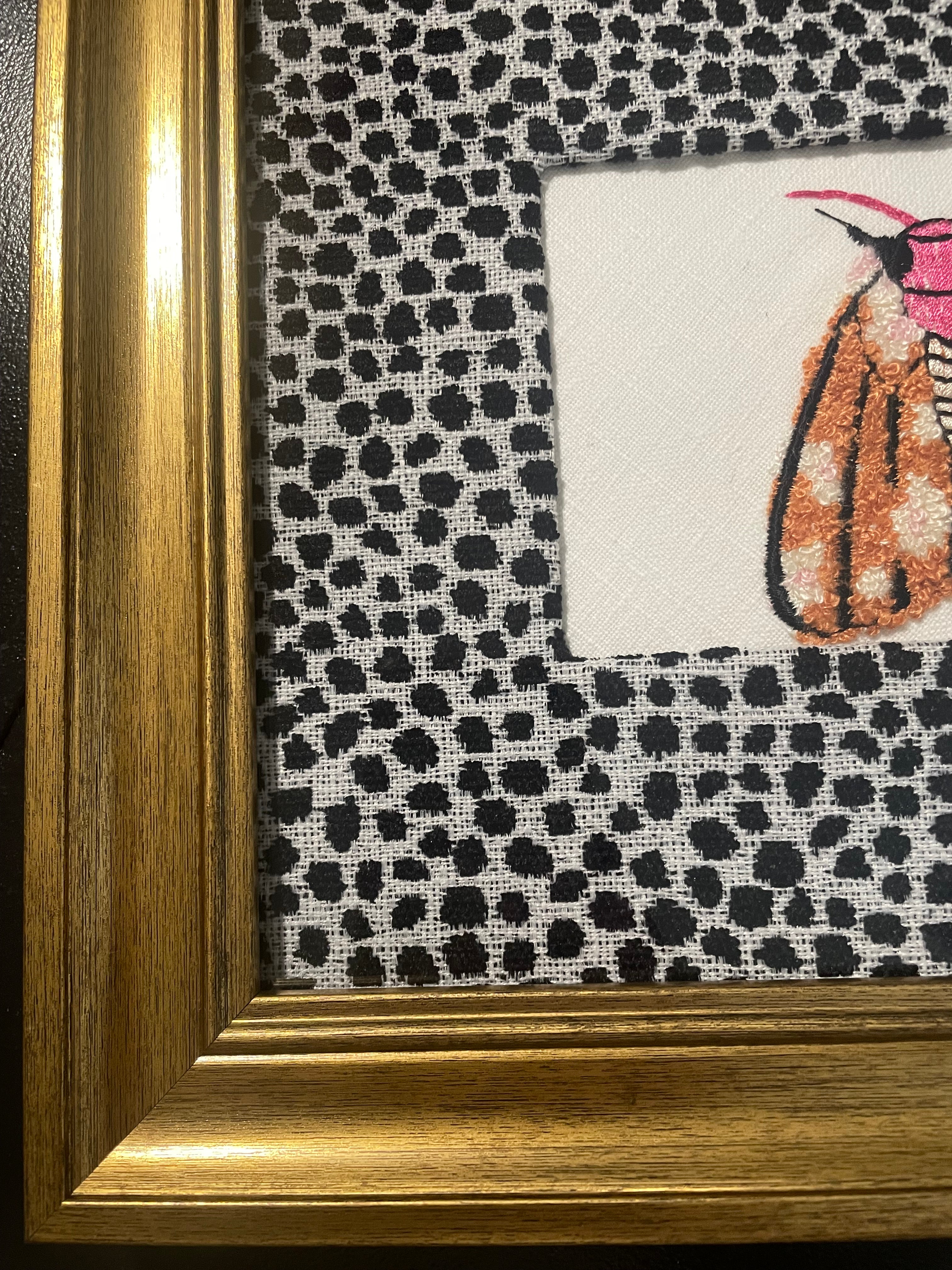 Embroidered Moth Wall Art — Gold Frame with Ballard Designs Ebony Tully Fabric Mat (No. 2)