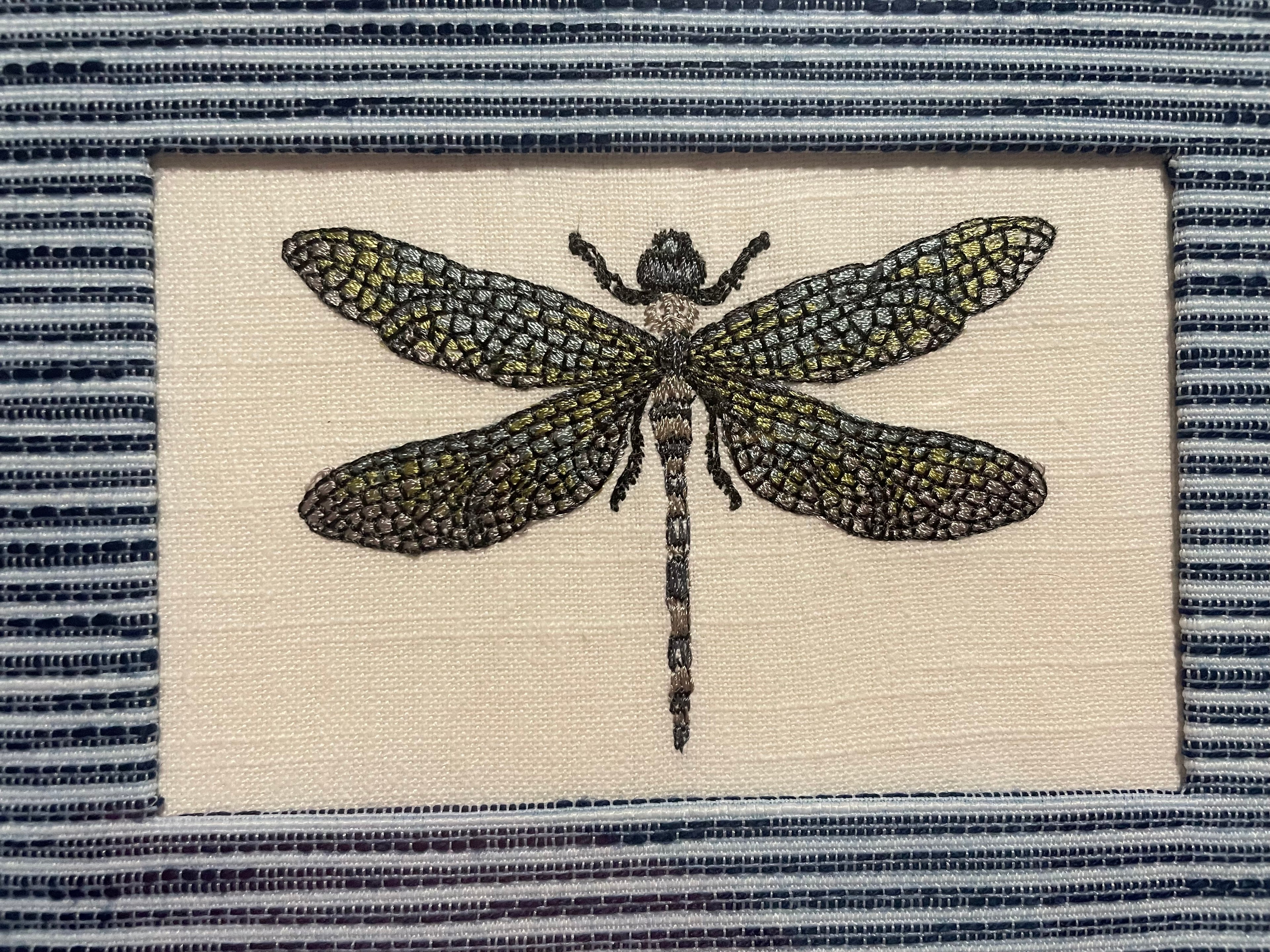Embroidered Dragonfly Wall Art — Gold Frame with Ballard Designs Indigo Blue Biff Fabric Mat