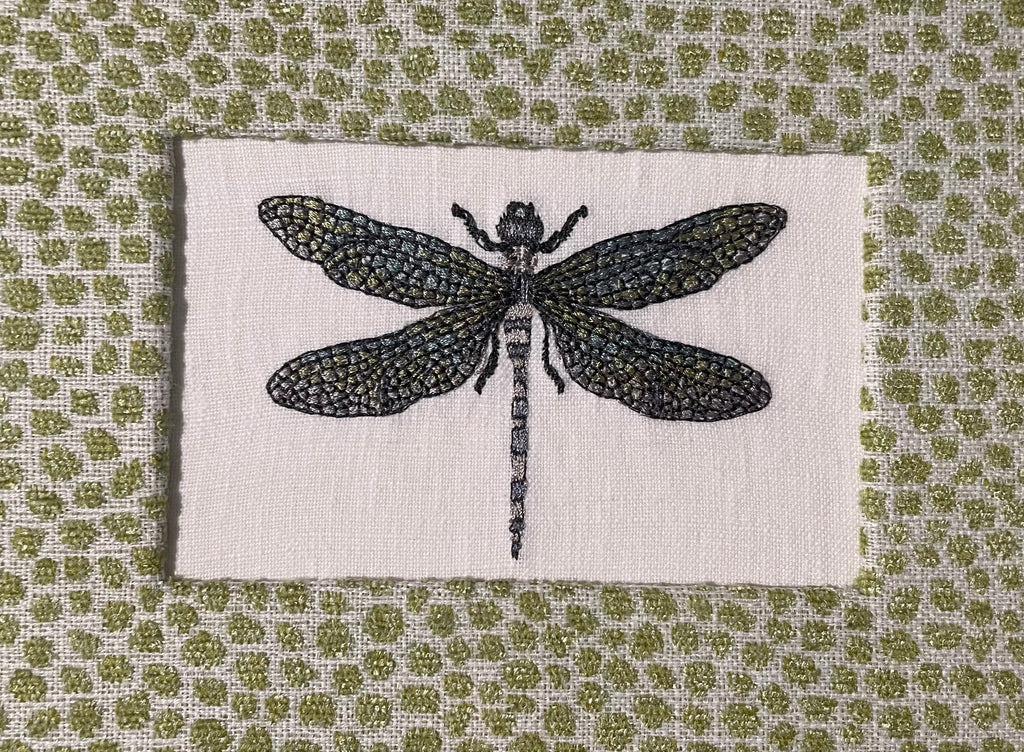Embroidered Dragonfly Wall Art — Gold Frame with Ballard Designs Pear Tully Fabric Mat