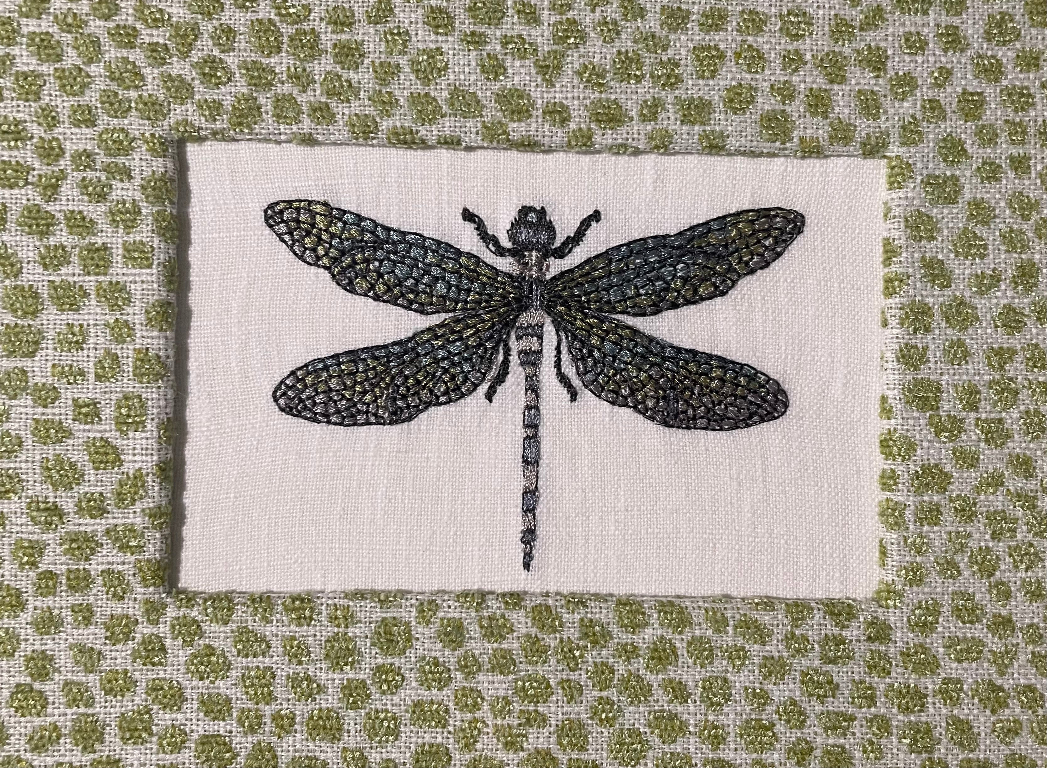 Embroidered Dragonfly Wall Art — Gold Frame with Ballard Designs Pear Tully Fabric Mat