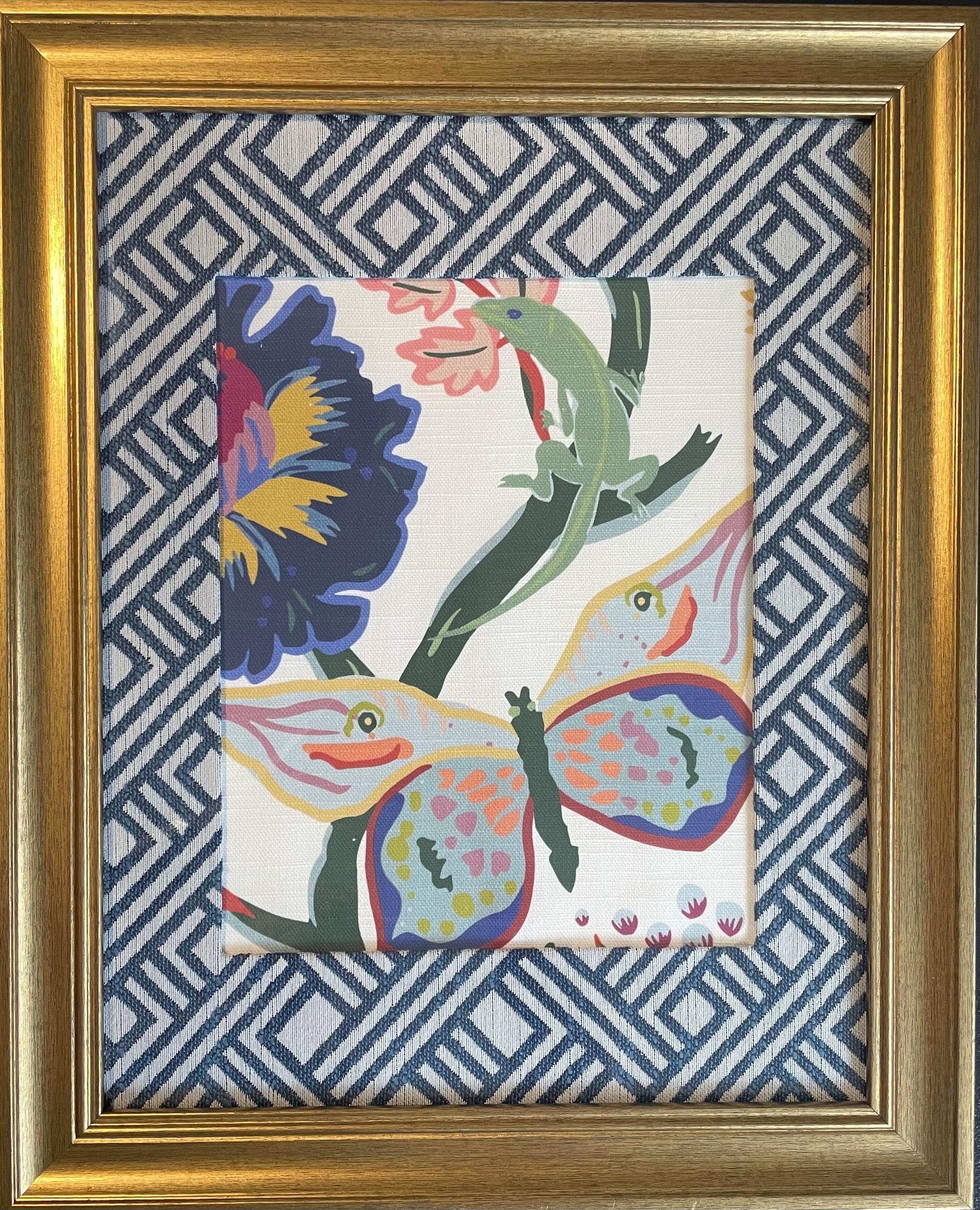 Ballard Designs Butterfly & Lizard Fabric Framed Wall Art — 13x16 Gold Frame