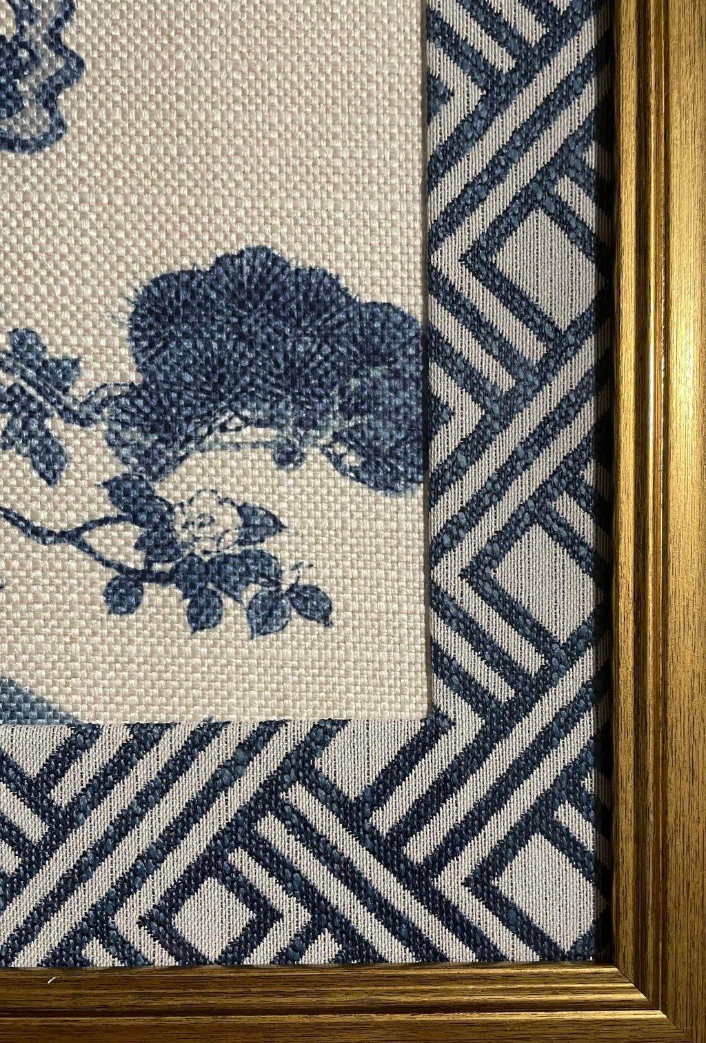 Chinoiserie Pine & Scholar's Rock Fabric Wall Art | 13x16 Gold Frame | Zen Indigo