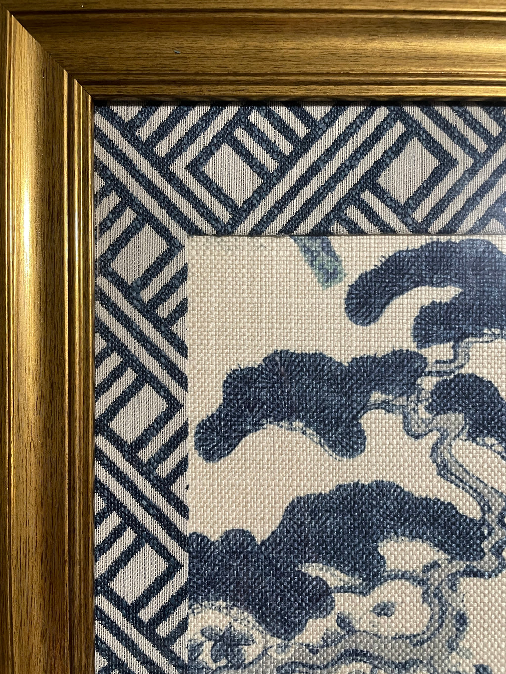 Chinoiserie Pine & Scholar's Rock Fabric Wall Art | 13x16 Gold Frame | Zen Indigo