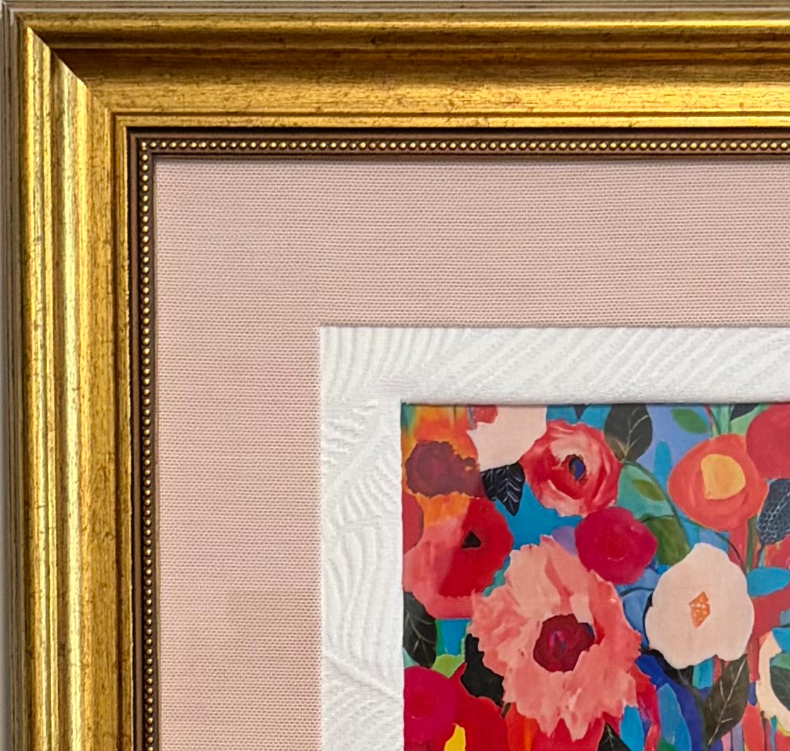Colorful Floral Fabric Wall Art in Gold Frame - 15x15 Framed Textile Decor