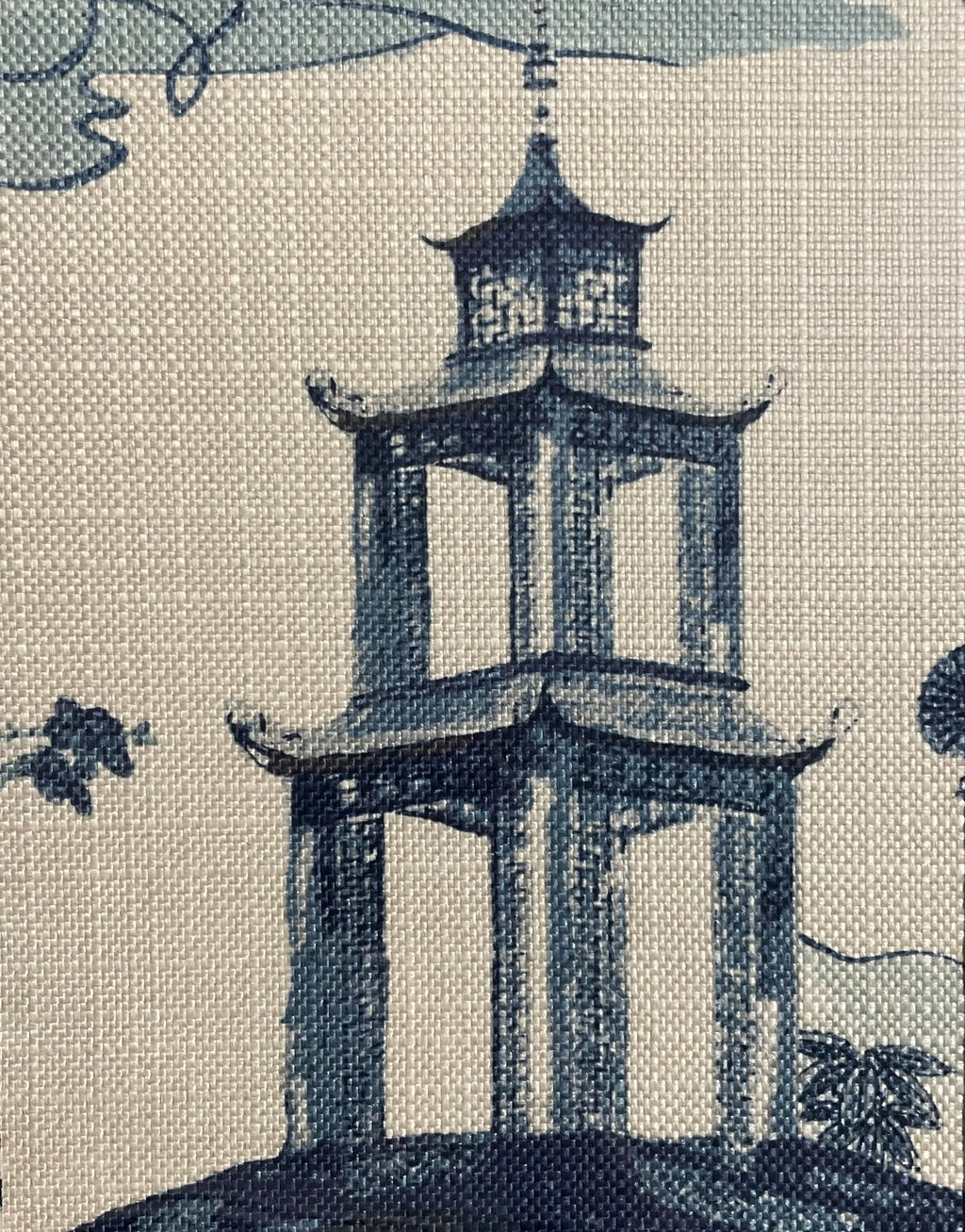 Chinoiserie Pagoda Fabric Wall Art | 13x16 Gold Frame | Zen Indigo