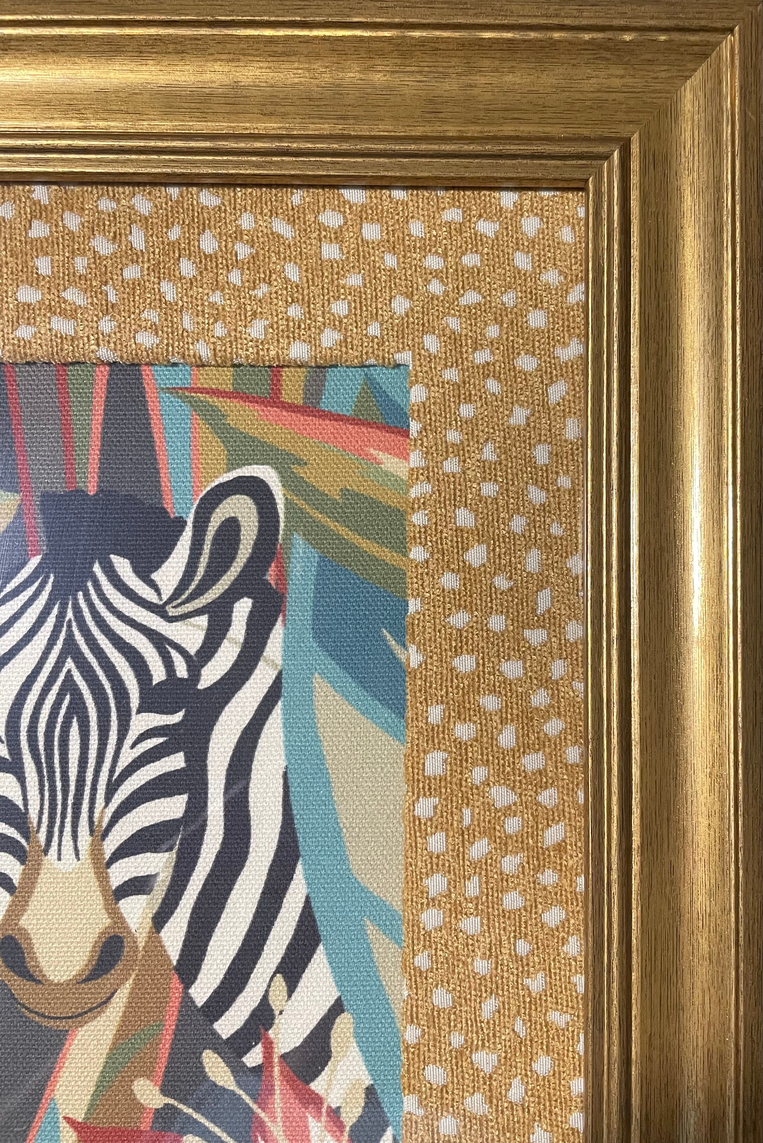 Safari Wall Art — Giraffe and Zebra Kinablu Petro fabric with reverse giraffe fabric mat in Gold Frame