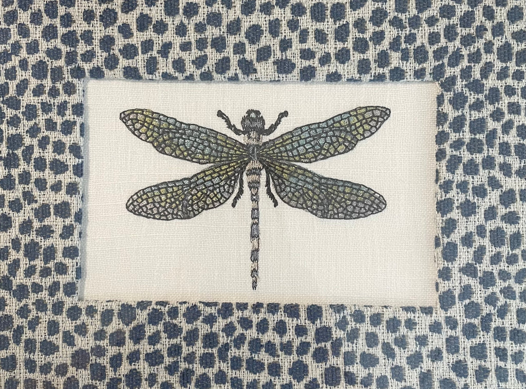 Dragonfly Embroidery in Ballard Designs Indigo Blue Fabric Mat — Gold Frame