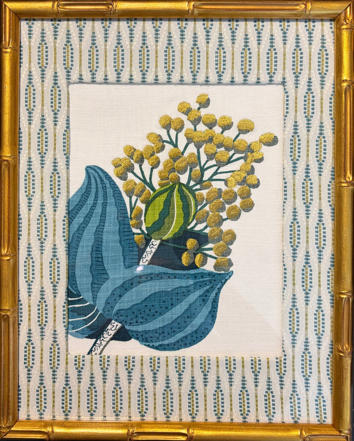 Pair of Custom Ballard Designs Emmie Fabric Wall Art — 12x15 Bamboo Gold Frame