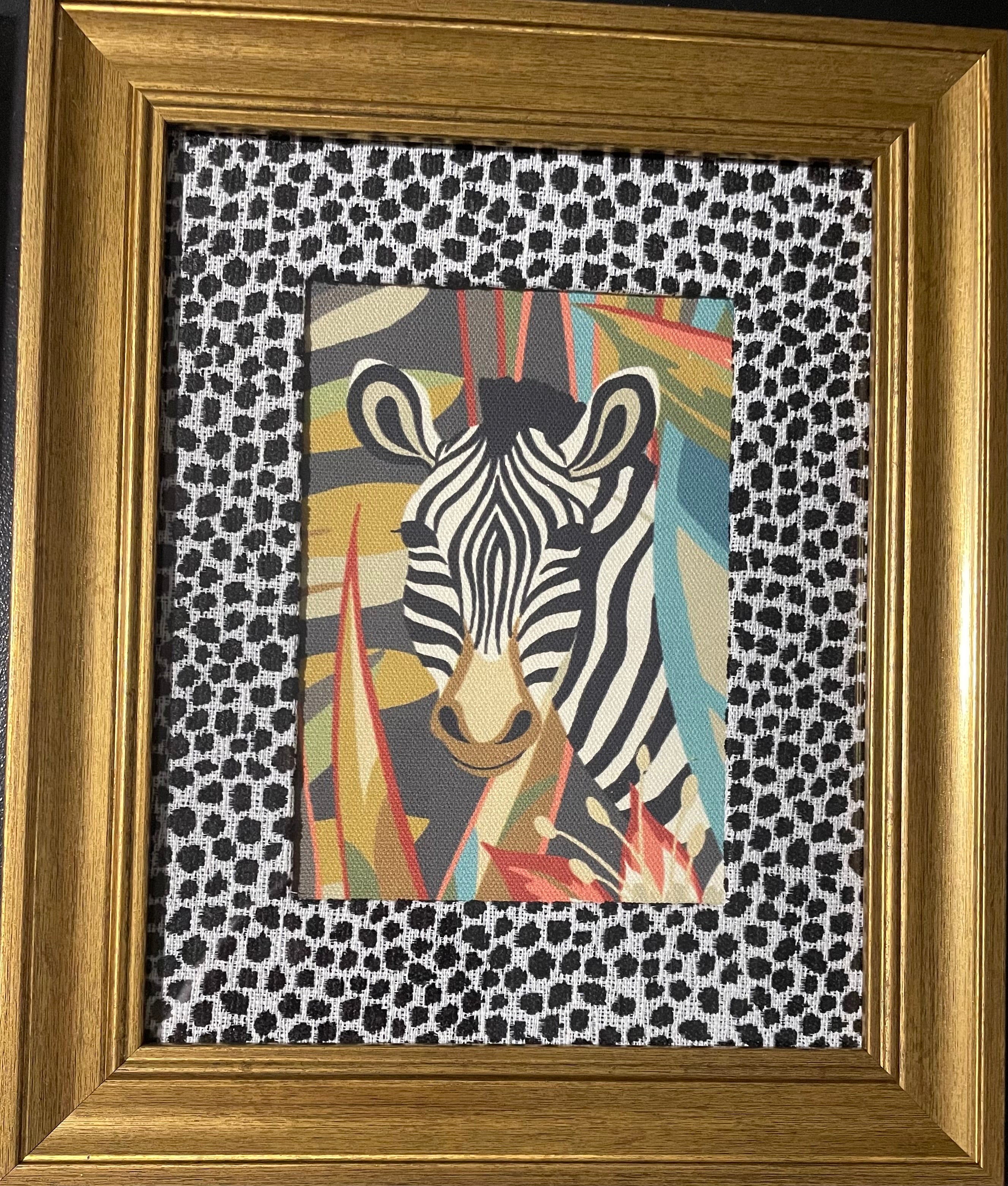 Safari Wall Art — Giraffe and Zebra Kinablu Petro fabric with Ballard Designs Ebony Tully fabric mat in Gold Frame