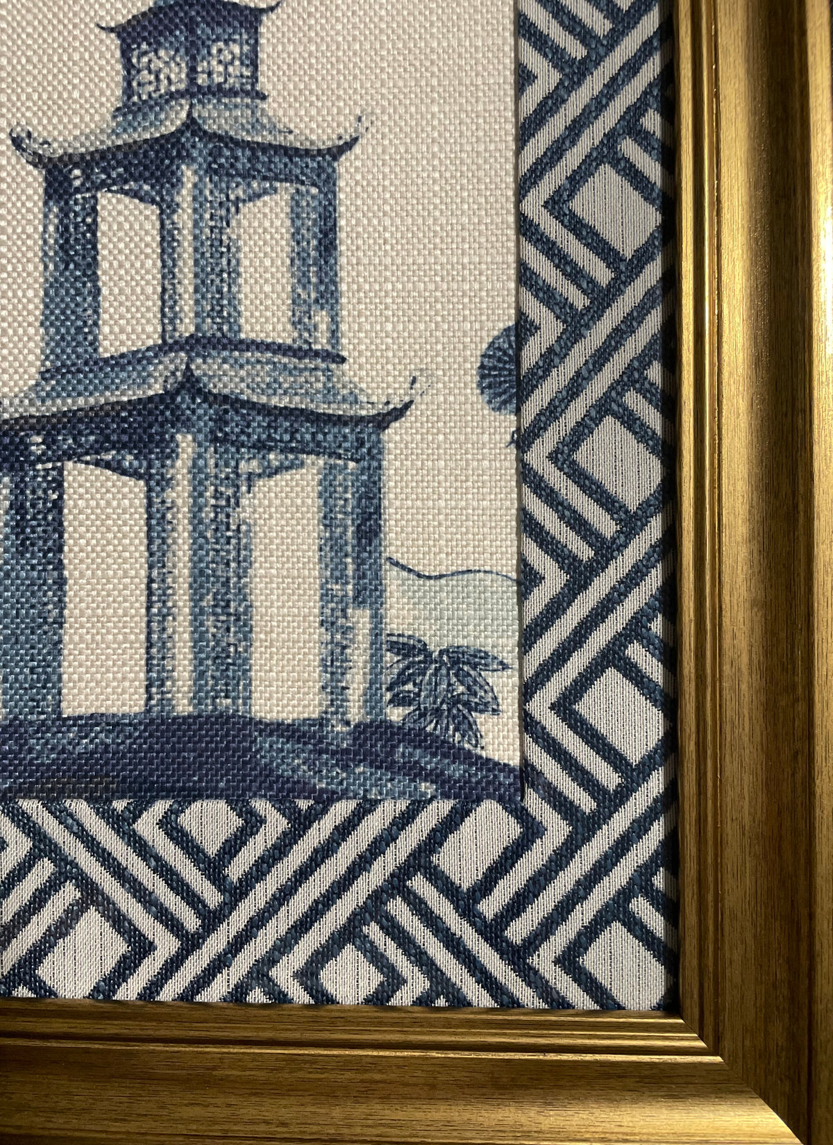Chinoiserie Pagoda Fabric Wall Art | 13x16 Gold Frame | Zen Indigo