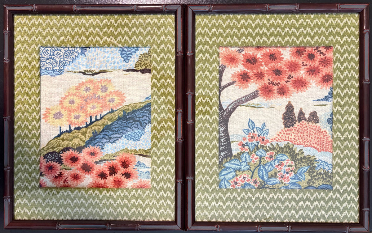 Pair of Framed Botanical Fabric Wall Art — Japanese Garden Scene, 12×15 Dark Mahogany Bamboo Frame