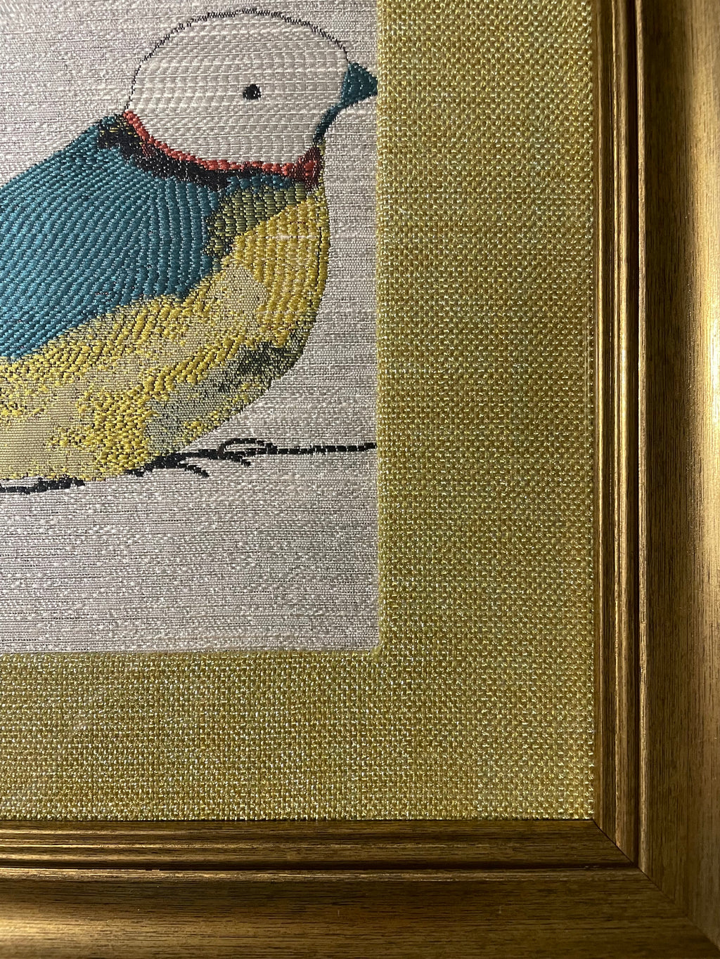 Teal & Gold Bird Pair — Fabric Wall Art, 13x16 Gold Frame