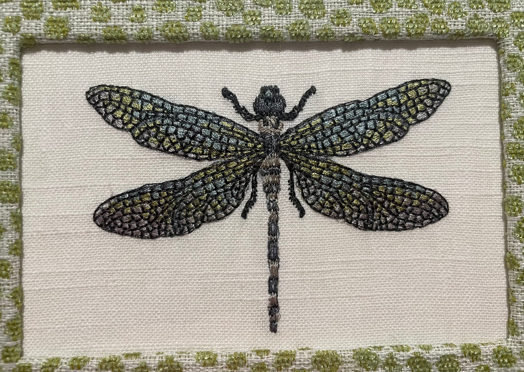 Embroidered Dragonfly Wall Art — Gold Frame with Ballard Designs Pear Tully Fabric Mat