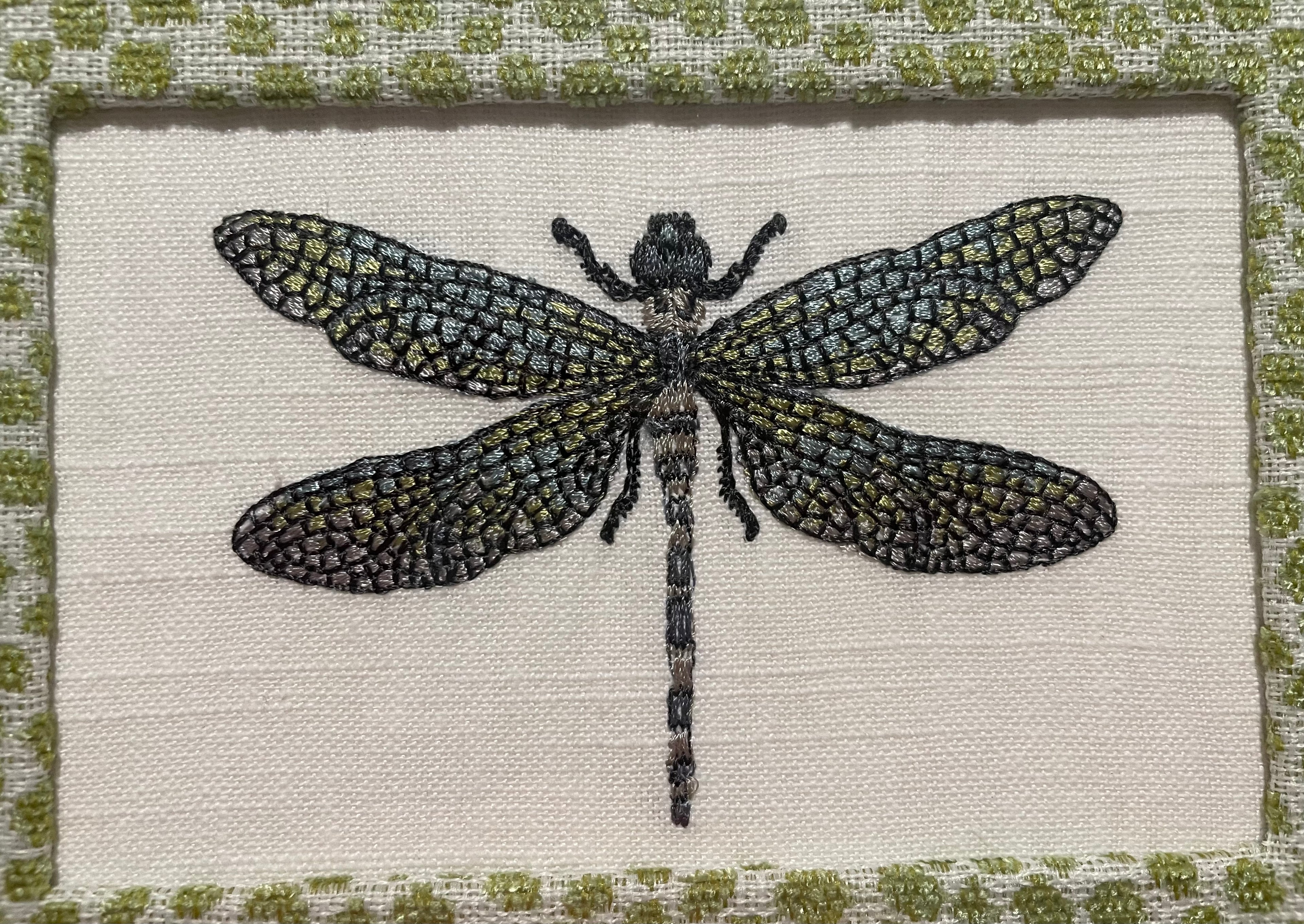 Embroidered Dragonfly Wall Art — Gold Frame with Ballard Designs Pear Tully Fabric Mat