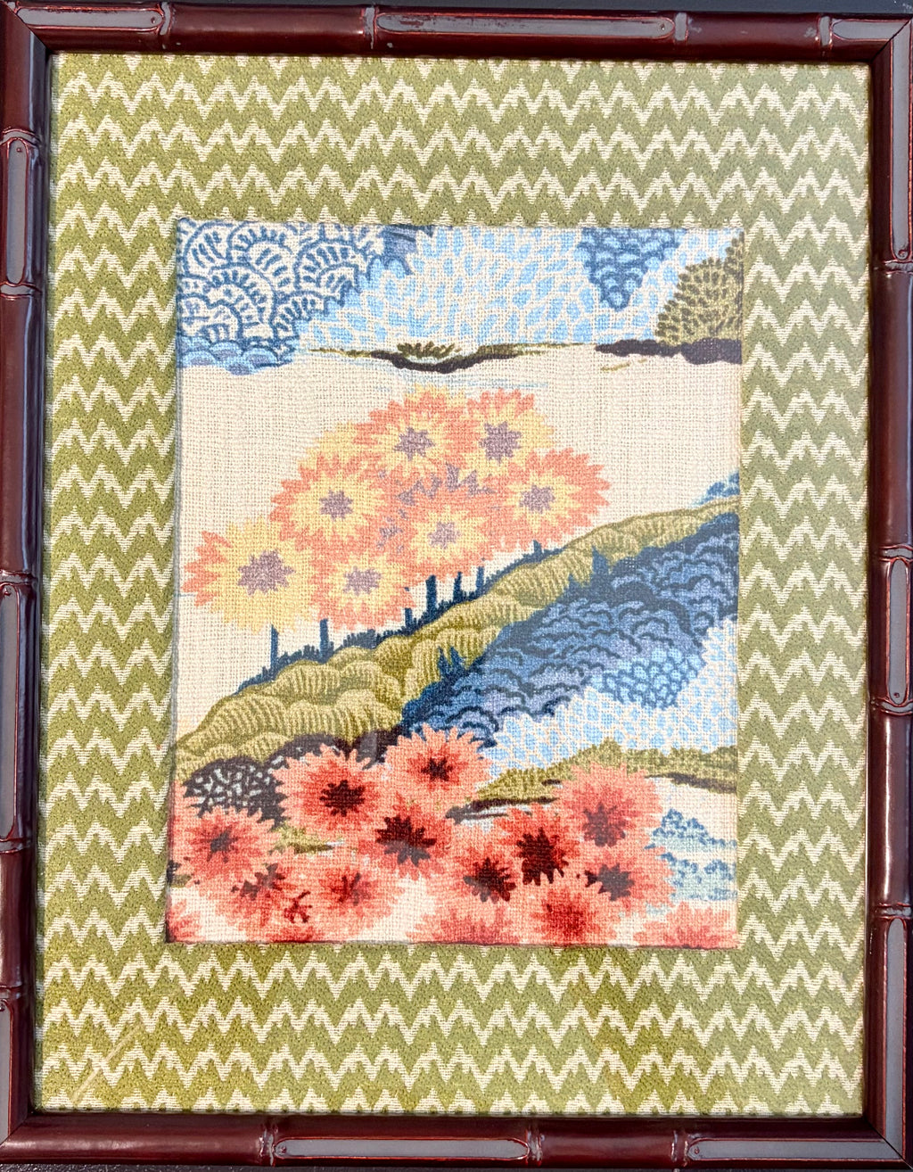 Pair of Framed Botanical Fabric Wall Art — Japanese Garden Scene, 12×15 Dark Mahogany Bamboo Frame