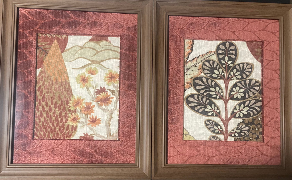 Pair of Tree of life Fabric Wall Art — Designer Fabric, 13x16 Brown Frame