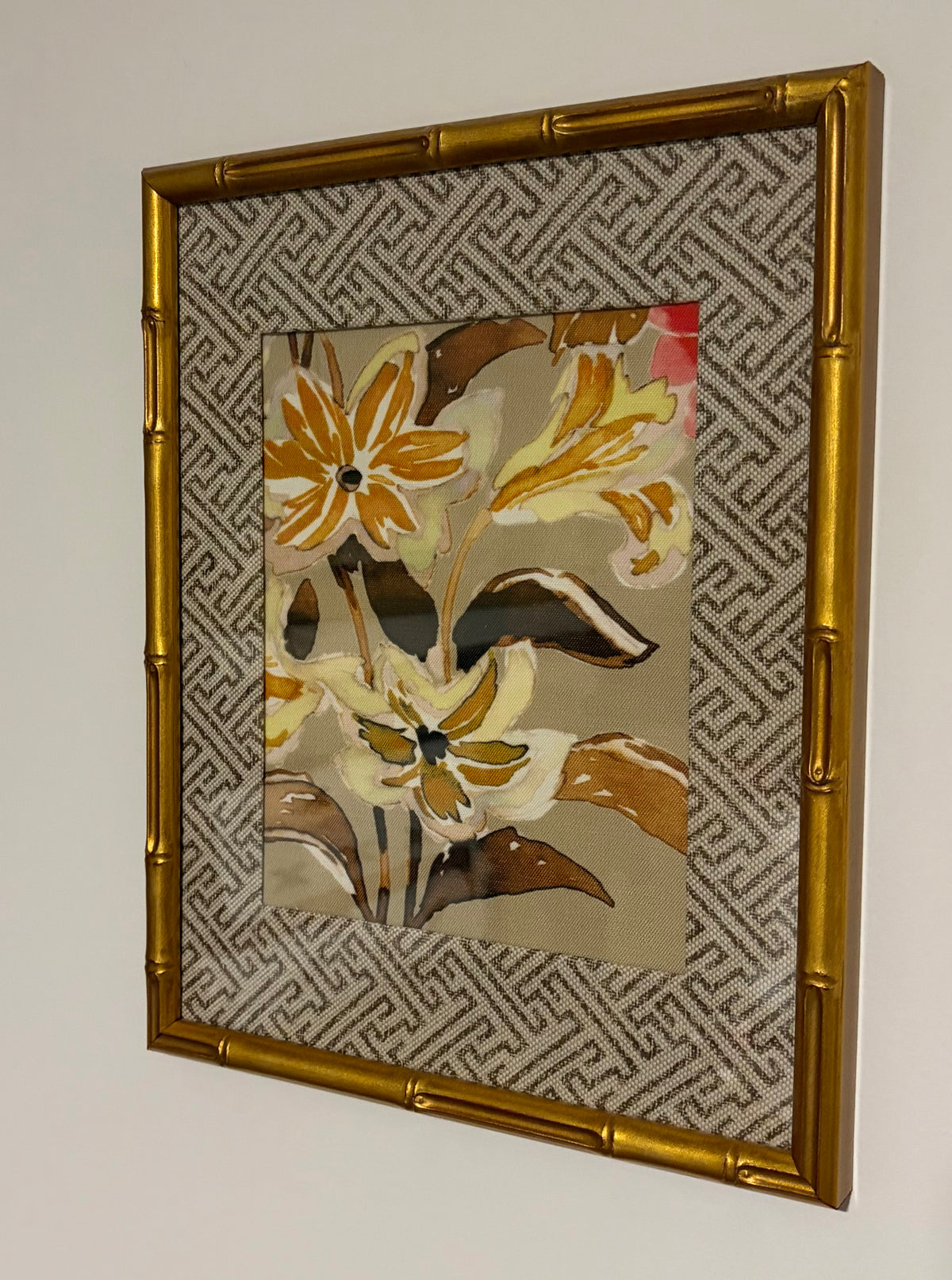 Botanical Fabric Wall Art, Geometric Mat, 12x15 Gold Bamboo Style Frame