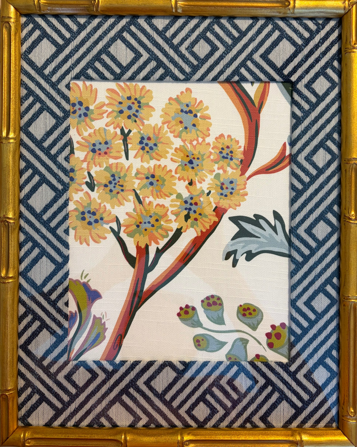 Ballard Designs Millie Fabric Framed Wall Art 12x15 Gold Bamboo Frame Textile Decor