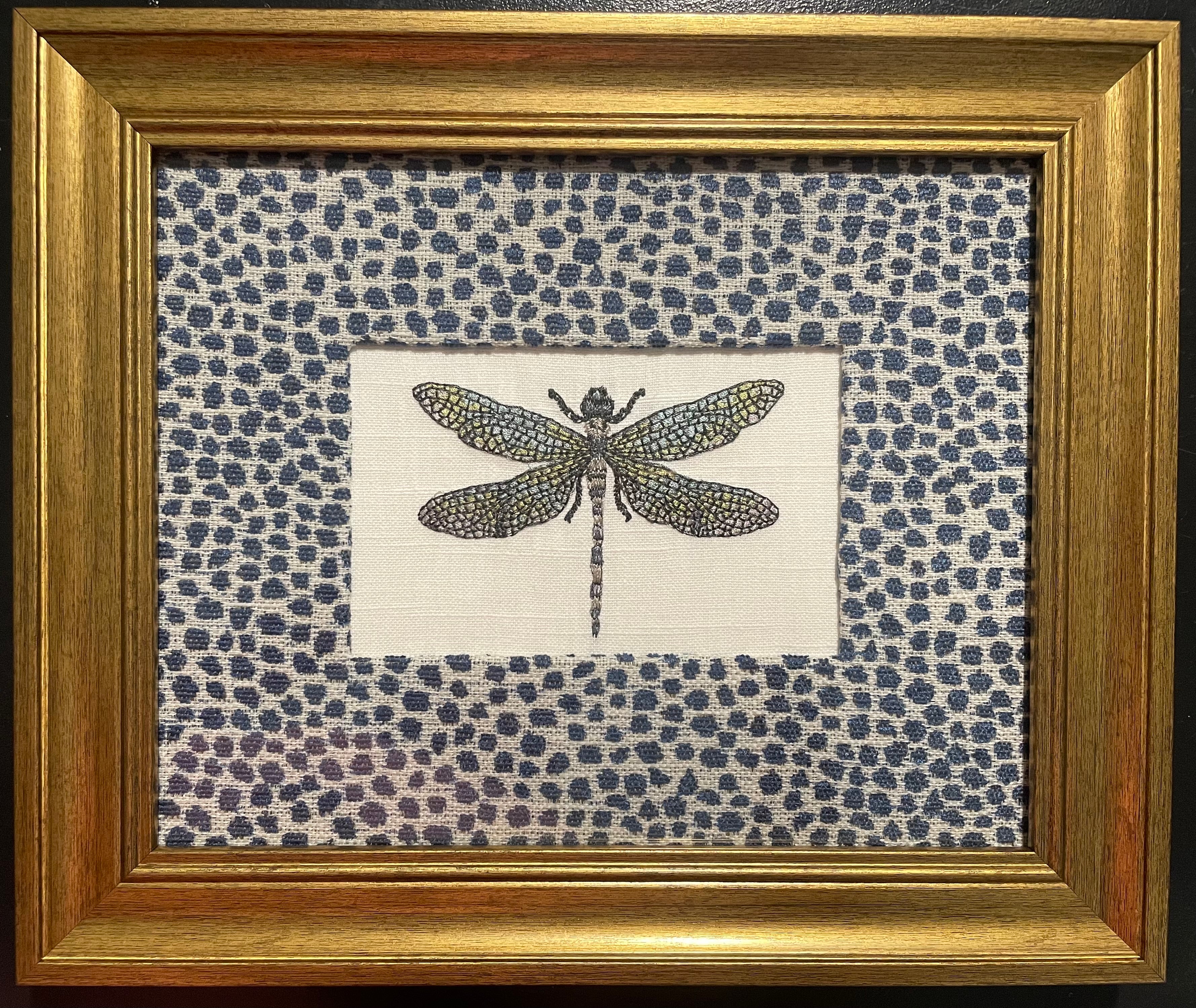 Embroidered Dragonfly Wall Art — Gold Frame with Ballard Designs Blue Tully Fabric Mat