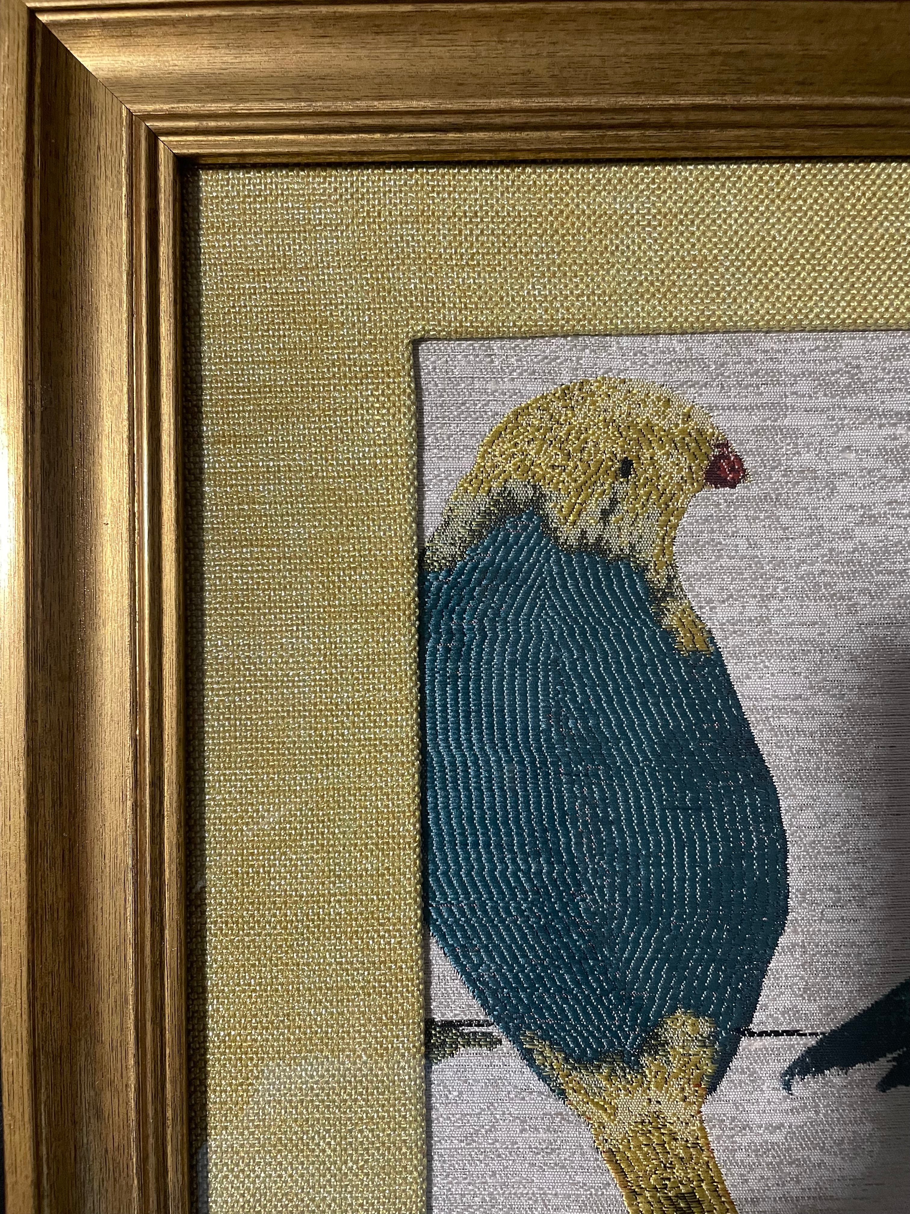 Teal & Gold Bird Pair — Fabric Wall Art, 13x16 Gold Frame