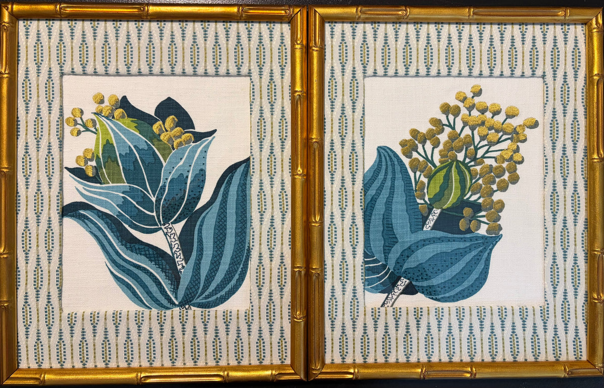 Pair of Custom Ballard Designs Emmie Fabric Wall Art — 12x15 Bamboo Gold Frame