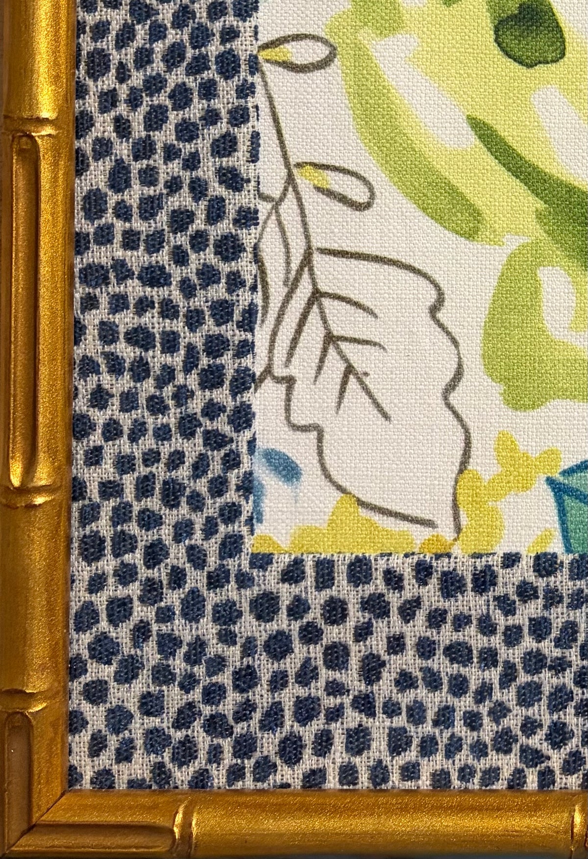 Pair Framed Bright Floral Fabric Wall Art: Gold Bamboo-Style Frames, Ballard Tully Blue Fabric Mats 12x15