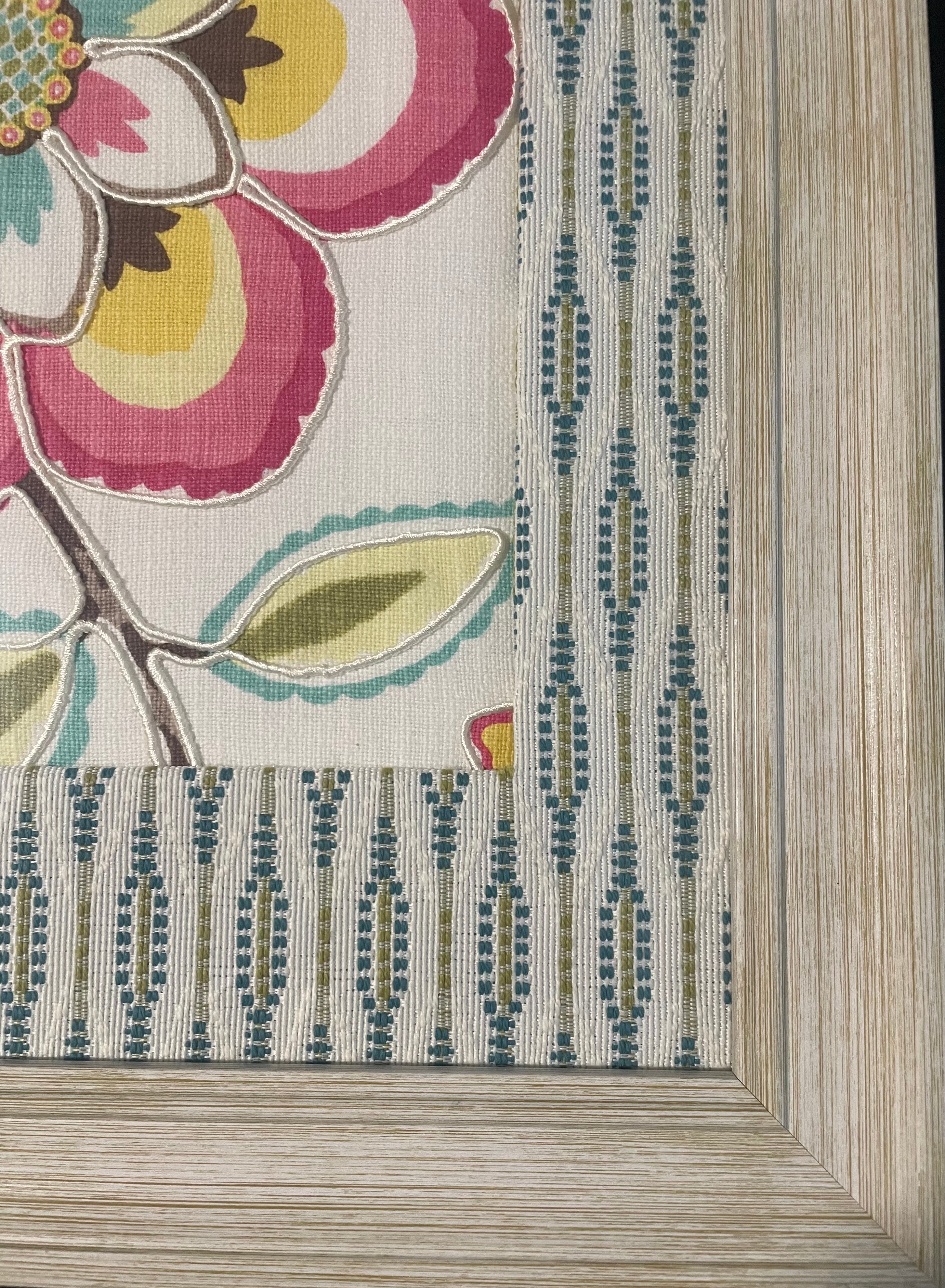 Framed Exotica Sorbet Fabric Art with Ballard Designs Geometric Faygo fabric Mat, 13x16