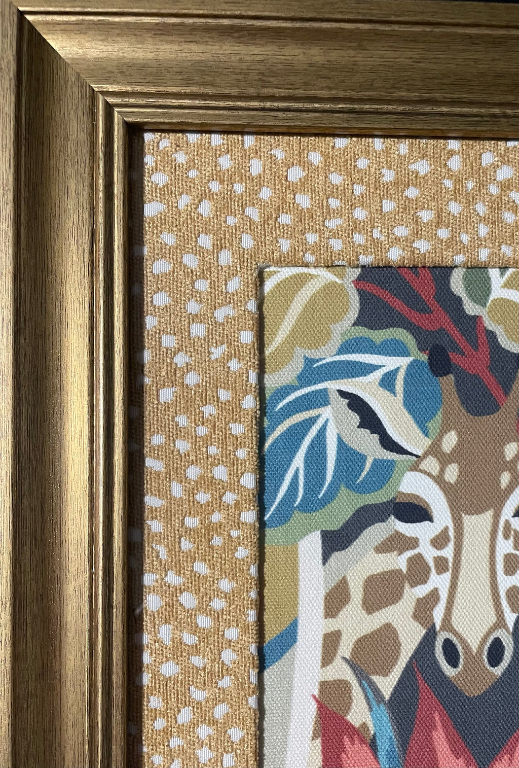 Safari Wall Art — Giraffe and Zebra Kinablu Petro fabric with reverse giraffe fabric mat in Gold Frame