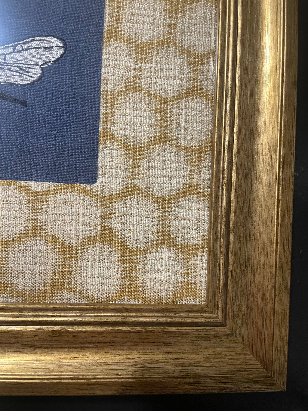 Embroidered Bee Wall Art — Gold Frame with Ballard Designs Mia Honeycomb Fabric Mat