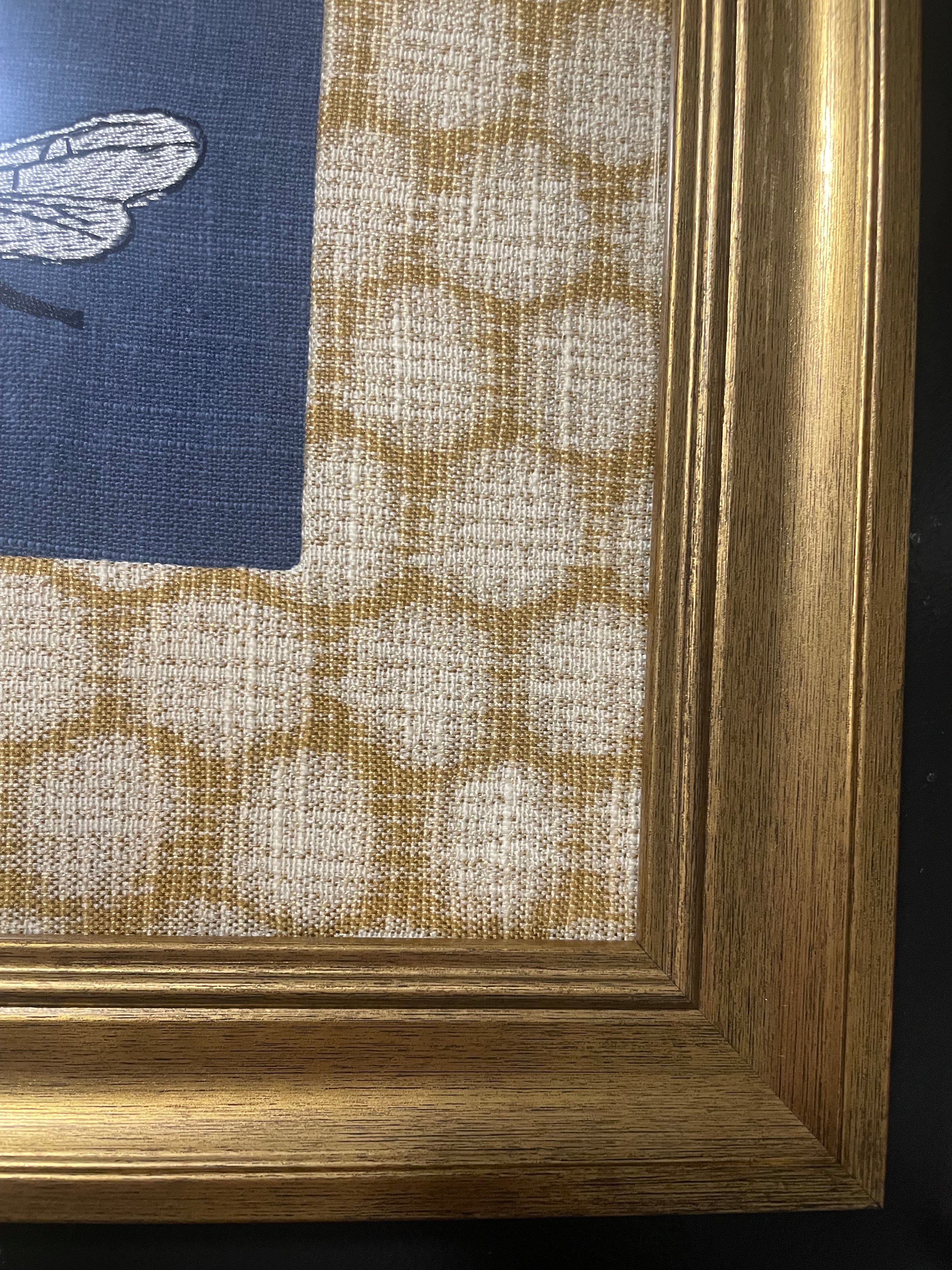 Embroidered Bee Wall Art — Gold Frame with Ballard Designs Mia Honeycomb Fabric Mat