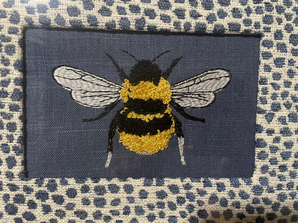 Embroidered Bee Wall Art — Gold Frame with Ballard Designs Blue Tully Fabric Mat