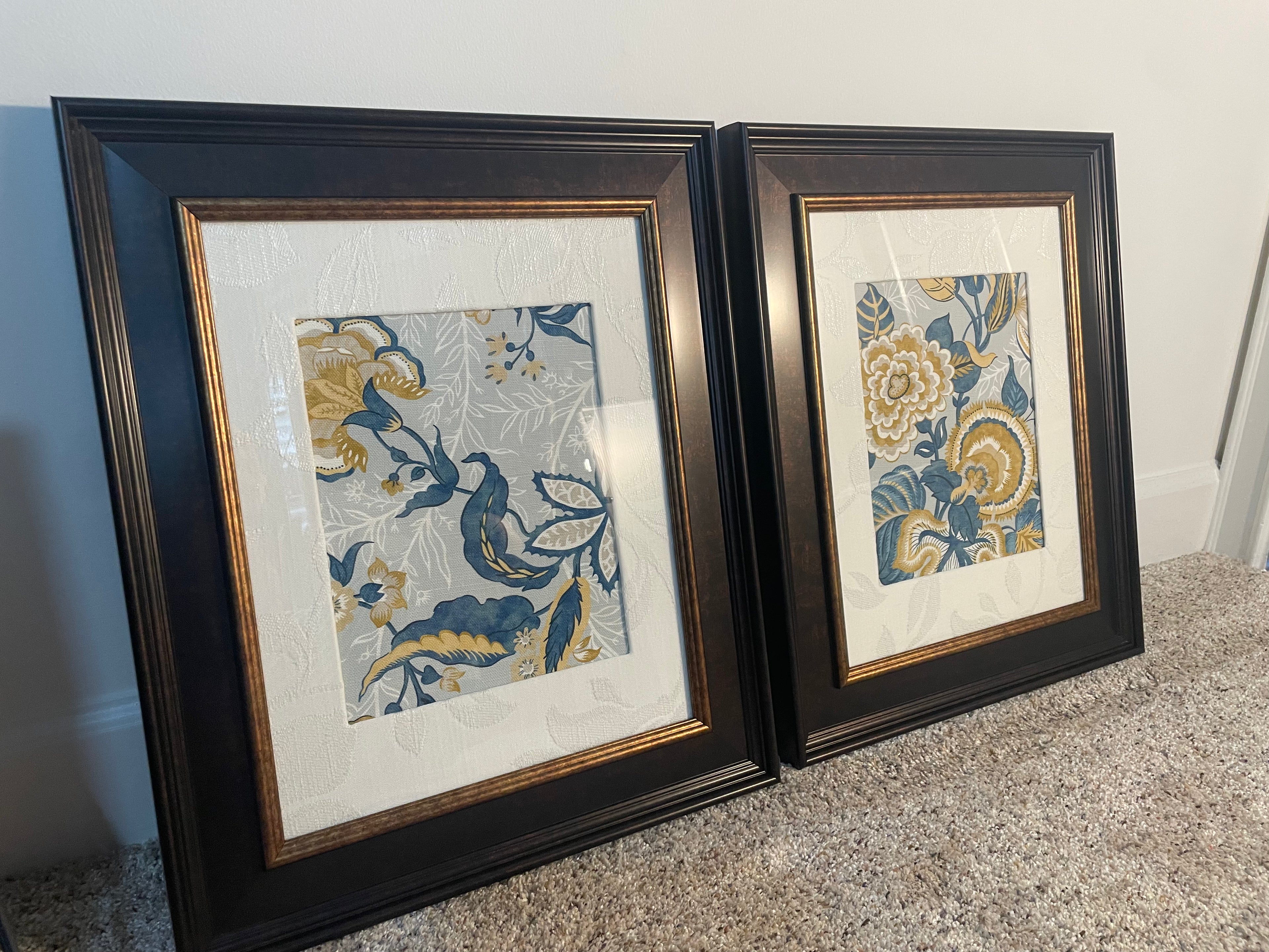 Pair of custom-made Ballard Designs fabric & designer fabric matting