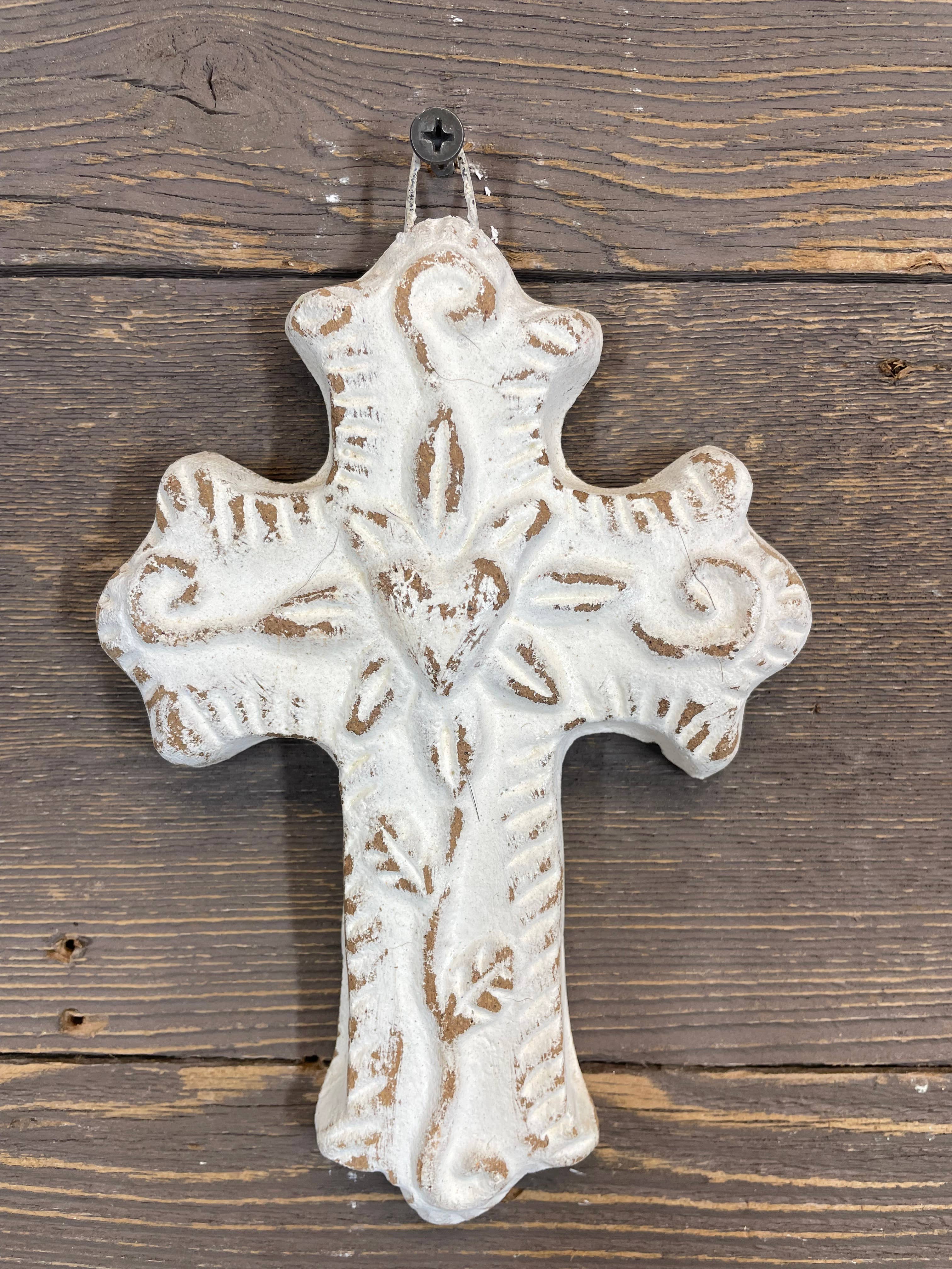 Hugo-Flower Clay Cross-Handmade-Wall-4.5x6.5 in-Small-White