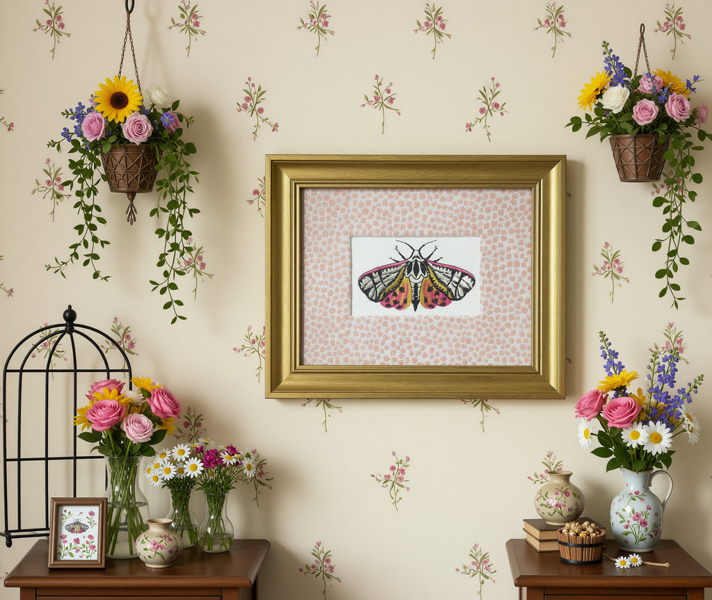 Pink-Spotted Tiger Moth — Embroidered Wall Art, Gold Frame with Tully Rose Fabric Mat