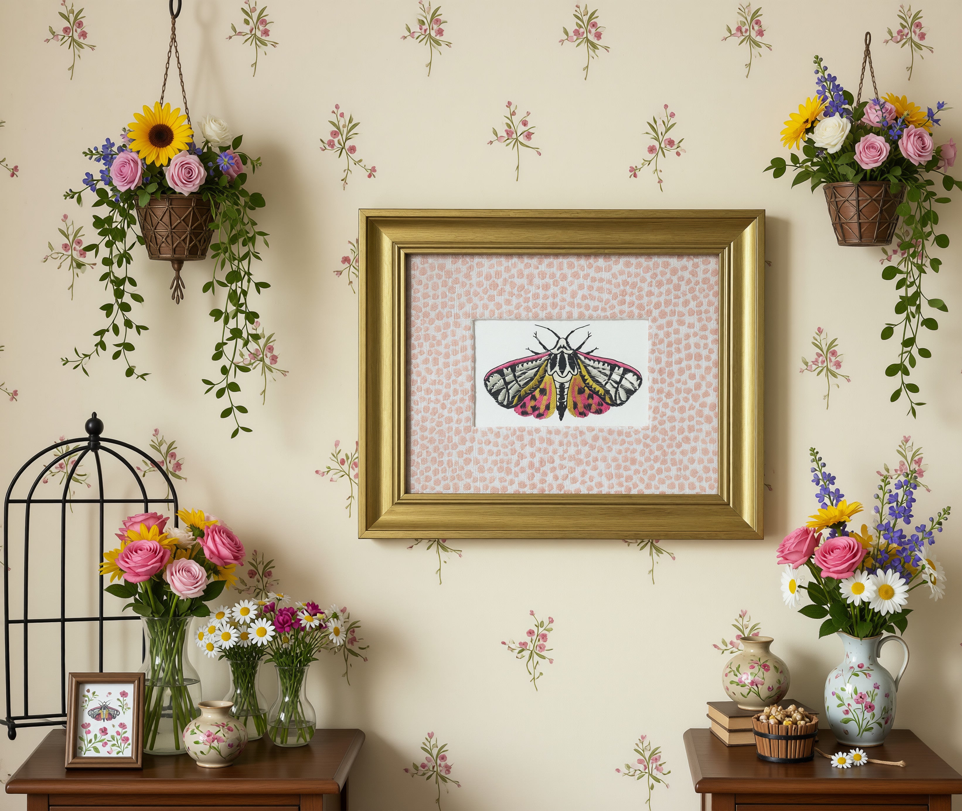 Pink-Spotted Tiger Moth — Embroidered Wall Art, Gold Frame with Tully Rose Fabric Mat