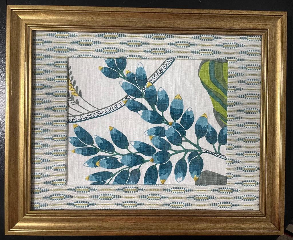 Custom-made Ballard Designs Emmie Blue fabric and Faygo matting in gold frame 13x16