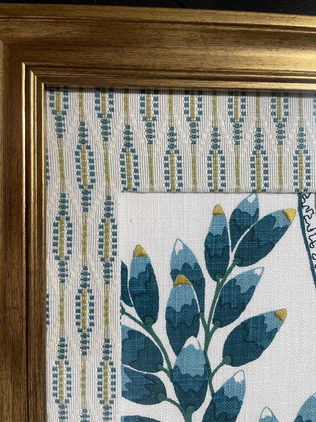 Custom-made Ballard Designs Emmie Blue fabric and Faygo matting in gold frame 13x16